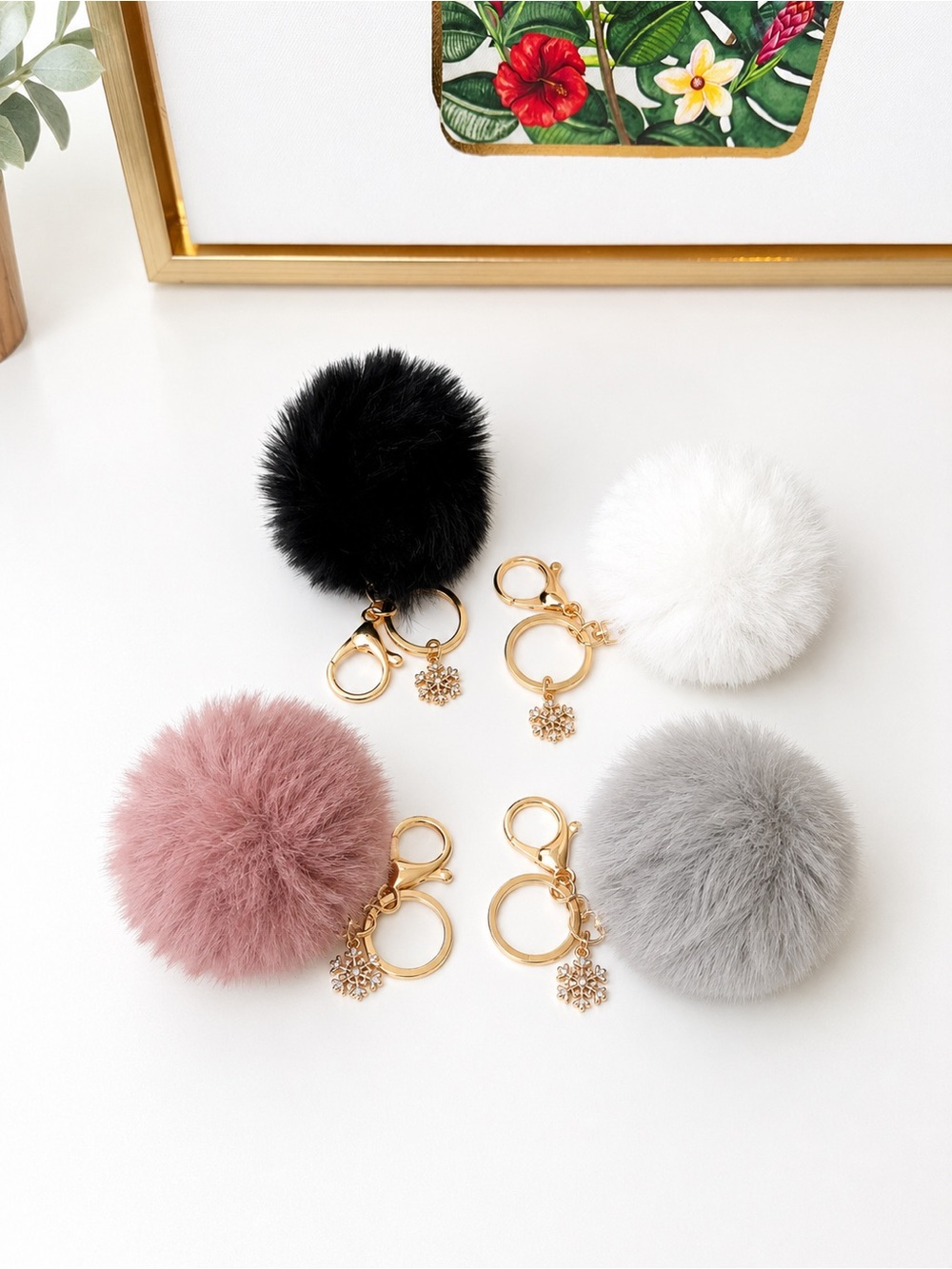 U Pick 1 Plush Pom Pom Keychain with Snowflake Charm - Black, White, Pink, Gray